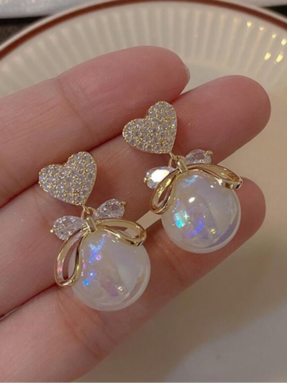 Yellow Gold Heart & Orb Drop Earrings with Iridescent Pearls